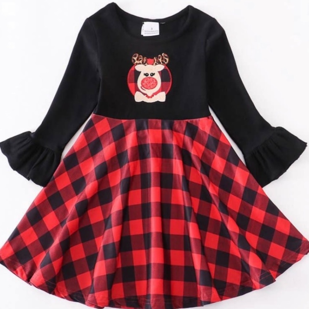 Red Plaid Reindeer Ruffle Dress